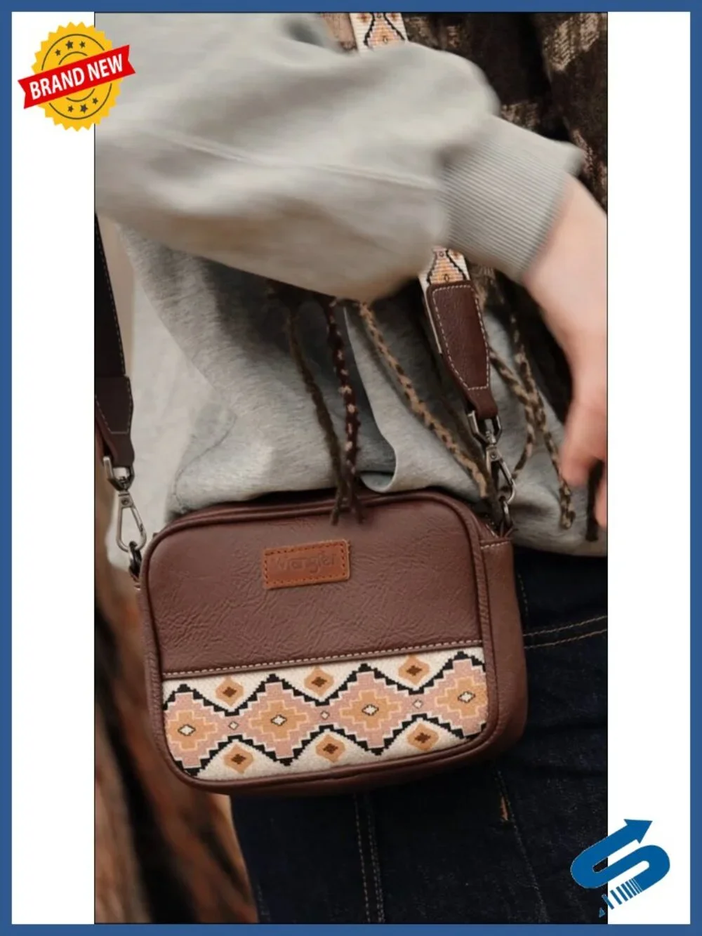 Small Crossbody Bag with Guitar Strap Aztec Pattern Vegan Leather